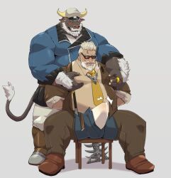 ahab_(tokyo_afterschool_summoners) anthro balls beard blush boner crossover erection erection_under_clothes facial_hair furry glasses goldlewis_dickinson guilty_gear guilty_gear_strive jumperbear male male_only overweight penis sitting tokyo_afterschool_summoners