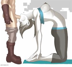 1boy 1girls 2013 ass bare_calves big_breasts black_hair breasts bridge_position calves exposed_breasts fellatio female flexible hair hands_on_feet iron-dullahan leaning_back legs_behind_head link male nintendo nipples oral penis spandex straight tank_top testicles text the_legend_of_zelda ustrasana veins veiny_penis white_background wii_fit wii_fit_trainer yoga yoga_pants