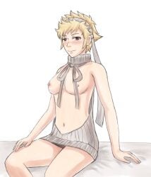 1girls alternate_costume armpits bare_arms bare_midriff bare_thighs blonde_hair blush breasts breasts_out brown_eyes female female_only fire_emblem fire_emblem_fates freckles looking_at_viewer maplerose midriff nintendo nipples reverse_outfit reverse_virgin_killer_sweater scarlet_(fire_emblem) short_hair sitting small_breasts smile solo sweater thighs virgin_killer_sweater wardrobe_malfunction yellow_hair