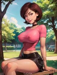 ai_generated black_skirt brown_eyes brown_hair collar elygordan elygordanart helen_parr in_the_air milf nipples nipples_visible_through_clothing pink_t-shirt sitting_on_bench solo solo_female the_incredibles the_incredibles_2