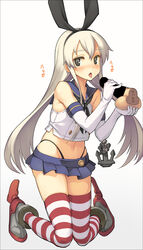 2boys anchor black_eyes black_panties blonde_hair blush elbow_gloves gloves hairband heart kantai_collection long_hair magic_penis navel panties penis personification saliva saliva_trail shimakaze_(kantai_collection) skirt sleeveless solo striped striped_legwear text thighhighs tongue tongue_out translation_request underwear white_gloves yaoi yn_red zettai_ryouiki