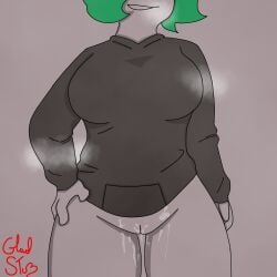 covering_eyes eraoriginal green_hair low_quality naughty_smile oc original_character pale_skin pussy pussy_juice rule_63 sweatshirt white_body