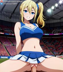 1boy 1girls ai_generated anime blonde_hair blue_eyes cheerleader cheerleader_outfit clenched_teeth cowgirl_position female hayasaka_ai human kaguya-sama_wa_kokurasetai_~tensai-tachi_no_renai_zunousen~ large_breasts male sex stable_diffusion vaginal_penetration vaginal_sex