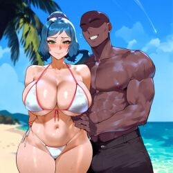 1boy ai_generated bikini blue_hair cleavage creamy_ai curvy dark-skinned_male embarrassed female green_eyes gundam gundam_build_fighters huge_breasts interracial iori_rinko mature_female thick_thighs wide_hips