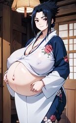 ai_generated belly big_breasts black_hair blue_kimono boruto:_naruto_next_generations commission commission_art commissioner_upload curvaceous dojo exposed_belly female female_only genderswap_(mtf) kimono lustre mature_female milf naruto naruto_(series) naruto_shippuden pregnant pregnant_female red_eyes rule_63 sasuke_uchiha sasuko short_hair