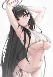 :o alternate_costume armpits arms_up bikini black_hair blue_archive blush breasts female grey_bikini halo highres kazawa_ushi large_breasts long_hair looking_at_viewer micro_bikini millennium_science_school_student navel red_eyes ringed_eyes rio_(blue_archive) seminar_(blue_archive) side-tie_bikini_bottom simple_background solo stomach straight_hair sweat swimsuit very_long_hair white_background