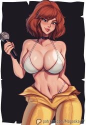 2024 april_o'neil big_breasts black_background blush bra breasts brown_eyes brown_hair cameltoe choker cleavage female female_focus female_only jumpsuit magaska19 microphone panties pink_lips short_hair teenage_mutant_ninja_turtles thighs white_border white_bra