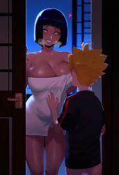 1boy 1girls ai_generated big_breasts blonde_hair blush boruto:_naruto_next_generations cheating cheating_wife door ene heart heavy_breathing horny huge_breasts hyuuga_hinata imminent_sex incest mature_female milf mother mother_and_son naked_towel naruto naughty_face netorare night ntr silly_whore smile sweat towel towel_only uzumaki_boruto