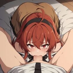 1boy 1girls ai_generated blowjob deep_blowjob deepthroat deepthroat_no_hands eris_greyrat eye_contact female fringe gag gagging hands-free kiriya_kuroshi long_hair male mushoku_tensei pale-skinned_female petite pov rape red_eyes red_hair slim tagme tears teenager tight_throat