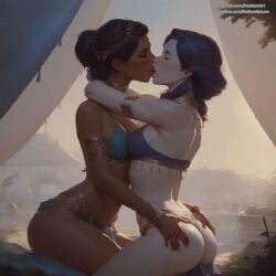 2girls ai_generated ass_grab dancer dancer_outfit dark-skinned_female desgens female/female female_on_female female_only girl_on_girl girls girls_only hands_on_ass harem_outfit kissing lesbian lesbian_kiss lesbians only_female tent yuri