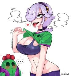 1boy 1girls blush brawl_stars breasts colette_(brawl_stars) crazy_girl duo female green_skin heart male shirt shirt_up showing_breasts spike_(brawl_stars) supercell sutori tongue tongue_out white_hair white_skin