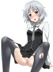 anus ass black_legwear blush clothing female green_eyes military military_uniform necktie no_panties open_mouth pantyhose photoshop pussy sanya_v_litvyak short_hair silver_hair sitting skirt small_breasts solo spread_legs strike_witches torn_pantyhose uniform youkan