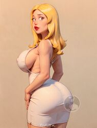 ai_generated american_dad big_breasts big_butt big_nipples blonde_hair elygordan elygordanart francine_smith huge_breasts huge_butt huge_nipples looking_at_viewer milf nipples_visible_through_clothing red_lipstick solo tight_clothing white_dress