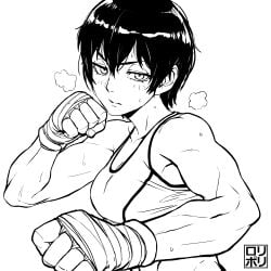 1girls abs black_hair boxing boxing_gloves boxing_shorts breasts cleavage goes_hard greyscale jamrolypoly looking_at_viewer monochrome muscular muscular_female punching saotome_senshu,_hitakakusu saotome_yae short_hair shorts signature simple_background solo solo_female stern_expression sweat sweatdrop tagme tank_top