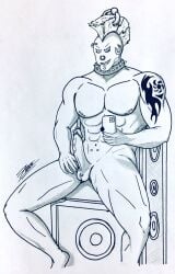 1boy bara cellphone erect_penis gay genital_piercing horn male male_only muscle muscles muscular_male necklace penis piercing piercing_nipples piercings plants_vs_zombies plants_vs_zombies_2:_it's_about_time punk_hair punk_zombie sitting solo tattoo toony toony_face traditional_drawing_(artwork) traditional_media_(artwork) zombie