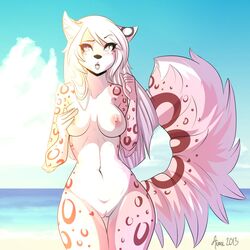 aimi anthro areola breasts feline female fur furry grey_eyes hair heterochromia nipples open_mouth purple_eyes pussy solo white_fur white_hair