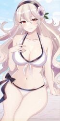 1girls alternate_costume bare_arms bare_shoulders bikini black_hairband blue_sky breasts cleavage corrin_(female)_(fire_emblem) corrin_(female)_(summer)_(fire_emblem) corrin_(fire_emblem) corrin_(fire_emblem)_(female) day female female_only fire_emblem fire_emblem_fates fire_emblem_heroes flower grey_hair hair_flower hair_ornament hairband highres large_breasts looking_at_viewer n_54 navel nintendo official_alternate_costume outdoors pointy_chin pointy_ears sitting sky solo stomach swimsuit thighs white_bikini white_swimsuit