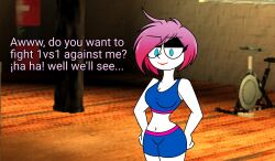 1girls arcee dialogue english_text female female_only fully_clothed gym human humanized solo sports_bra sports_shorts tagme tagme_(artist) text transformers unknown_artist workout_clothes