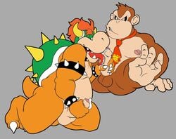 3_toes 5_fingers 5_toes ass balls barefoot beige_penis beige_skin big big_nose black_eyes bowser brown_fur brown_hair chubby claws color cum cum_on_hand cum_on_penis cum_on_tongue donkey_kong donkey_kong_(series) dragon erection fur furry gorilla green_shell grey_background hair handjob happy hi_res horn interspecies kneeling kong koopa legs_up licking lizard looking_down looking_up lying male male_only manly mario_(series) monkeysuit multiple_boys muscles nintendo nipples no_humans nude on_back open_mouth orange_hair orange_skin pecs penis penis_grab pink_penis pink_skin plain_background precum raised_leg red_skin reptile saliva scalie sharp_teeth shell short_hair skin smile spikes spiky_shell spread_legs spreading teeth tongue tongue_out turtle uncut vein yaoi