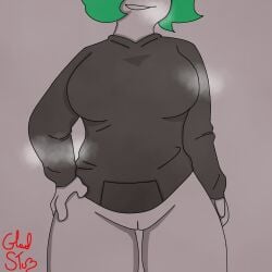 covering_eyes eraoriginal female green_hair hand_on_waist low_quality naughty_smile oc original_character pale_skin pussy pussy_focus rule_63 smile sweatshirt white_body