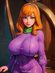 ai_generated big_breasts daphne_blake deviantart elygordan elygordanart erect_nipples erect_nipples_under_clothes gigantic_breasts green_eyes huge_boobs huge_breasts looking_at_viewer patreon red_hair red_lipstick scooby-doo solo solo_female violet_dress