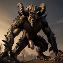 1boy 1monster ai_generated alien alien_humanoid balls barefoot big_hands big_penis claws cock completely_nude deathclaw detailed_background erect erect_penis feet feral foreskin glowing_eyes horn huge_balls huge_cock huge_monster humanoid_penis male male_only monster monster_cock muscular muscular_male no_humans nude nudity outdoors outside partially_retracted_foreskin paws penis scales solo solo_male stable_diffusion standing testicles uncut uncut_penis