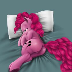 2013 anus ass blue_eyes cutie_mark equine female feral friendship_is_magic fur hair half-closed_eyes horse looking_at_viewer lying my_little_pony on_side pillow pink_fur pink_hair pinkie_pie_(mlp) plain_background pony pony-fuhrer presenting presenting_hindquarters pussy solo