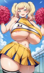 1girls ai_generated areolae big_breasts big_thighs blush breasts busty cheerleader cheerleader_uniform curvy female female_only gigantic_breasts huge_breasts huge_thighs jk_bitch_ni_shiboraretai large_breasts large_thighs massive_breasts milkersenjoyer navel nipple_bulge nipples_visible_through_clothing thick_thighs thighs twintails voluptuous yariko