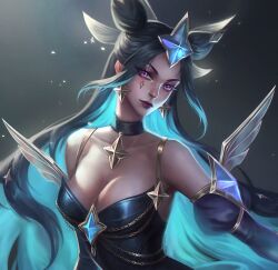 1girls 4k blue_dress blue_hair cleavage collar colored_inner_hair cyan_hair dark_blue_hair earrings eyebrows_visible_through_hair fake_wings female female_only fully_clothed glowing_hair gradient_hair hair_buns hair_ornament hi_res highres inner_hair large_breasts league_of_legends light-skinned_female light_skin long_hair makeup multicolored_hair pale-skinned_female pale_skin piscina_(artist) pose prestige_skin purple_eyes purple_lipstick riot_games short_dress signature solo_female star_earrings star_guardian star_guardian_series star_guardian_syndra_prestige_edition stars stars_in_hair syndra thighhighs turquoise_hair two_tone_hair