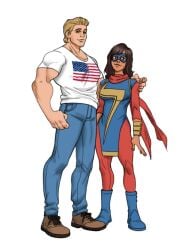 blonde_hair blonde_hair_male brown_eyes brown_hair brown_skin brown_skinned_female discord_(marvel) edit edited edited_image heroine innocent interracial kamala_khan marvel marvel_comics ms._marvel nerd nerdy_female penis penis_under_clothes raceplay shirtblonde size_difference superheroine visible_penis_shape