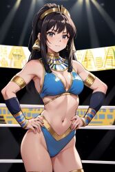 1girls 2:3 ai_generated ai_hands armbands artist_request bare_midriff brown_hair character_request cleavage earrings egyptian feet_out_of_frame female female_only hair_ornament hands_on_hips heterochromia highleg long_hair medium_breasts navel solo source_request standing wrestler wrestling_outfit wrestling_ring