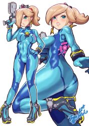 1girls blonde_hair blue_eyes bodysuit breasts cosplay crown earrings hair_over_one_eye jewelry mario_(series) metroid multiple_views nintendo paralyzer ponytail princess_rosalina samus_aran_(cosplay) star_(symbol) star_earrings tagme yamino_ekakinin zero_suit