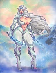 1girls 2020s 2023 2d 2d_(artwork) 5_fingers abs big_thighs bimbo blue_eyes bodysuit child_bearing_hips cleavage covered_nipples crown elf elf_ears elf_girl eroseroticart eyebrows eyelashes female female_focus female_only hi_res high_heels highres hips large_thighs long_hair looking_at_viewer original original_character skimpy smile smiling solo solo_female solo_focus thick_thighs thighs toned toned_female toned_stomach very_long_hair white_hair wide_hips