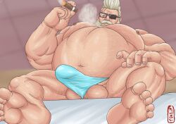 balls beard body_hair boner cigar erection erection_under_clothes facial_hair feet glasses goldlewis_dickinson guilty_gear guilty_gear_strive male male_only overweight penis sitting solo solo_male takuang1919