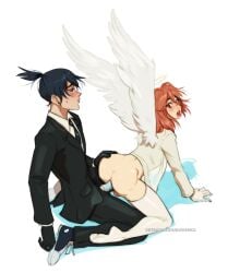 2boys anal anal_sex angel_devil_(chainsaw_man) ass ass_grab balls chainsaw_man condom femboy hayakawa_aki red_eyes red_hair ripushko slim_waist yaoi