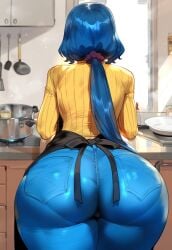 1girls ai_generated apron ass ass_focus bent_over big_butt blue_hair caked_up cameltoe cheesecake creamy_ai curvy dat_ass denim dumptruck_ass dumptruck_butt fat_ass from_behind gundam gundam_build_fighters huge_ass iori_rinko jeans mature_female milf paag solo thiccwithaq_(ai_style) thick_ass thick_thighs wide_hips