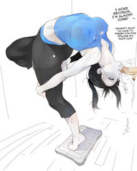 1boy 1girls akaume arched_back ass bent_over big_breasts black_hair breasts cum cum_in_mouth disembodied_penis fellatio female hair legs_behind_head male nintendo oral penis straight tank_top text white_skin wii_balance_board wii_fit wii_fit_trainer yoga yoga_pants