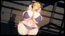 1girls artoria_pendragon artoria_pendragon_(lancer) big_breasts big_thighs bikini blonde_hair breasts busty curvy eastboundaura88 english_text fate/grand_order fate_(series) female gigantic_breasts green_eyes huge_breasts huge_thighs koikatsu large_breasts large_thighs massive_breasts mature_female milf navel sweat swimsuit thick_thighs thighs