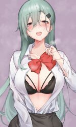 black_bra black_skirt blush bra breasts cleavage collared_shirt female fingernails green_eyes green_hair hair_between_eyes hair_ornament hairclip highres kamidanomi kantai_collection large_breasts long_hair long_sleeves looking_at_viewer neck_ribbon open_mouth purple_background red_ribbon ribbon shirt simple_background skirt solo suzuya_(kantai_collection) suzuya_kai_ni_(kantai_collection) underwear white_shirt