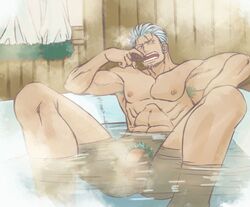 1boy armpit_hair armpits bara bath biceps convenient_censoring flaccid male male_only muscles nude one_piece partially_submerged smoker_(one_piece) smoking solo steam