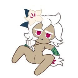 1girls anus armwear barefoot belly braided_hair breasts codestraws cookie_run cookie_run_kingdom female_only flower_in_hair functionally_nude_female hair_ornament laying_down laying_on_back pussy white_background white_lily_cookie