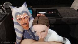 1boy 2girls 3d 3d_(artwork) ahsoka_tano blender blowjob blue_eyes brown_eyes brown_hair clone_wars clothed clothed_female clothed_female_nude_male eye_contact fellatio female hi_res light-skinned_female light-skinned_male light_skin male multiple_girls orange_body orange_skin padme_amidala pov short_hair star_wars sucking sucking_penis threesome togruta unseen_male_face watermark winternsfw