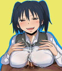 black_hair brown_eyes censored cum cum_through_clothes danshi_koukousei_no_nichijou ejaculation female ikushima_(danshi_koukousei) male osa_k paizuri paizuri_under_clothes penis school_uniform sex straight tied_hair twintails yellow_background