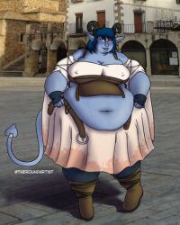 big_belly big_breasts blue_hair blue_skin fat jester_lavorre looking_at_viewer open_belt overweight tiefling torn_clothes wide_hips