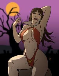 bikini breasts brown_hair clothing dynamite_comics earrings female female female_only full_moon jewelry large_breasts lipstick long_hair makeup mature_female moon navel solo swimsuit taynor_hook vampire vampirella