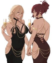 2girls alcohol aponia blonde_hair blue_eyes braid brown_hair dress eden_(honkai_impact) female female_focus female_only hip_windows holding holding_hands holding_object honkai_(series) honkai_impact_3rd light-skinned_female light_skin long_dress long_hair looking_at_viewer maiqo smile smiling smiling_at_viewer tagme thick_ass thick_thighs thighs tight_clothing tight_fit yellow_eyes