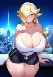 ai_generated bimbo blonde_hair blue_eyes blush booty_shorts bootylover02 city_background cleavage finger_on_chin gigantic_breasts hair_over_one_eye huge_breasts huge_hips long_hair looking_at_viewer mario_(series) nintendo princess_rosalina seductive_smile shiny_hair shiny_skin tank_top thick_thighs white_tank_top wide_hips