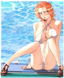 beach bikini bleach blue_eyes blush breasts clavicle cleavage clothing criss-cross_halter eyewear female female footwear glasses halterneck high_heels jobin_chan large_breasts legs lips long_hair looking_at_viewer makeup matsumoto_rangiku multiple_girls nail_polish navel orange_hair pool sandals shoes short_hair sitting solo striped striped_bikini swimsuit thighs toenail_polish toenails water wet white_bikini white_swimsuit