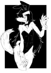 anthro_female black_and_white black_clothes bowtie bowtie_collar bunny_costume canine dog_ears dog_girl dog_tail fake_animal_ears freckles_on_face gloating_gracie leotard long_hair looking_down messy messy_hair nervous nervous_sweat playboy_bunny playboy_bunny_leotard rabbit_ears sharp_fingernails sharp_nails shy shy_girl simple_background small_breasts