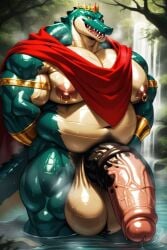 ai_generated animal_genitalia anthro balls cape chubby chubby_male crocodile crocodilian crown equine_penis fat fat_male furrypornaddiction horsecock huge_balls huge_cock huge_nipples huge_pecs hyper hyper_penis king looking_at_viewer male musclegut muscular muscular_male musk musky nipple_piercing nipples obese obese_male pecs penis reptile reptilian scalie solo sweat sweaty thick_penis veiny_penis waterfall